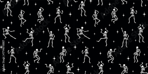 Happy dancing skeletons. Vector seamless pattern for Halloween and other