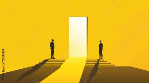 Two businessmen facing opportunity, bright future, yellow background, business concept