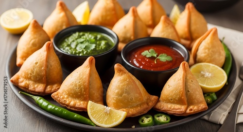 Crispy Golden Samosas with Mint Chutney and Tomato Ketchup Delicious Indian Snack