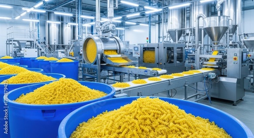 Automated Food Production Line Manufacturing Pasta With Conveyor Belts and Large Barrels