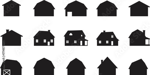 House silhouette collection, black vector icons, residential architecture graphic, roof and chimney designs, minimal home clipart, building structure set