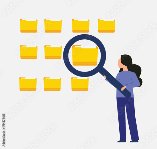 Woman searching and indexing files with magnifying glass. File manager, data storage. Files search