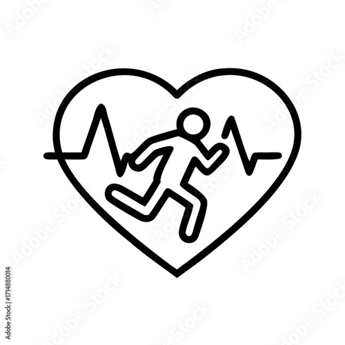 Running figure inside heart shape with heartbeat line illustration  