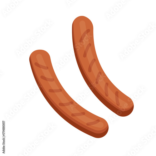 Fried sausage isolated on white background, street food concept, fast food, Bbq. Vector illustration of grilled sausage in flat cartoon style. Can be used for banner, cover, advertisement, menu