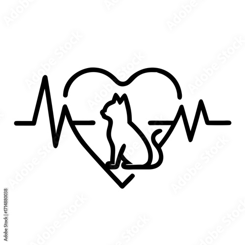 Cat silhouette inside heart with heartbeat line design  