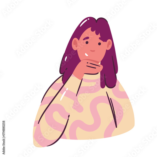 Woman with long hair resting her chin on her hand, wearing a beige sweater with pink patterns. Cartoon doodle vector illustration of girl for creative projects, education, websites, or office use.