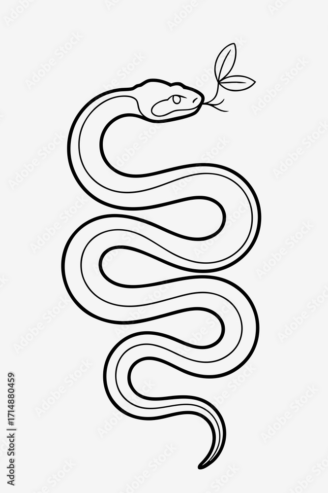 Fototapeta premium Snake illustrated with a leaf in minimalist line art style 