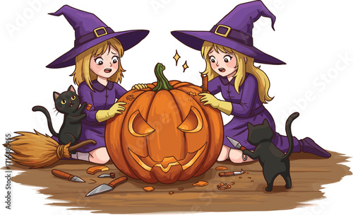 Two young witches carving a giant Halloween pumpkin with black cats and magic broom, festive spooky illustration perfect for holiday decoration and seasonal design