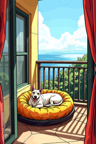 Pet bed on balcony with happy dog relaxing and sea view