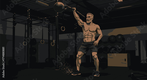 Fitness Strength Muscular Man Exercising with Macebell for Core Training