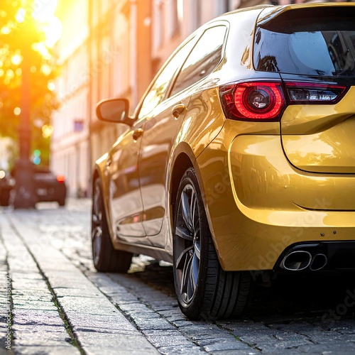 Golden car parked on cobblestones in city street
