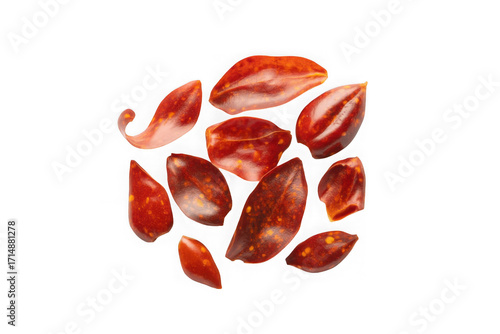 flaying red hot chili pepper fla kes isolated on white background