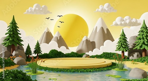 Vibrant 3D Landscape Scene with Natural Elements and Podium Display
