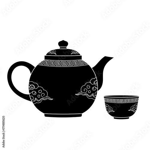 Traditional chinese teapot and cup silhouette isolated on white background