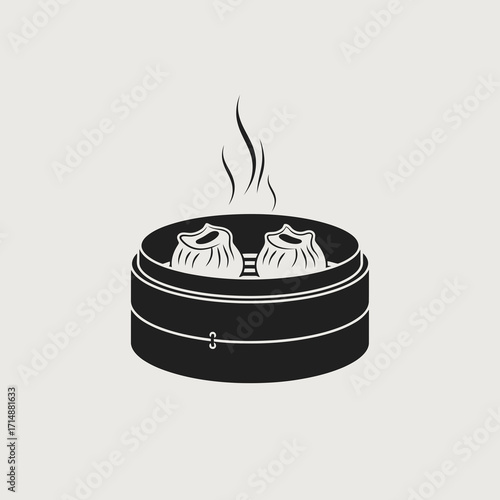 Steaming dim sum dumplings in bamboo steamer basket silhouette isolated on white background