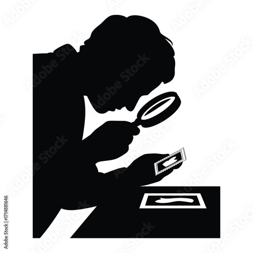Silhouette of person examining a stamp with magnifying glass black and white vector illustration