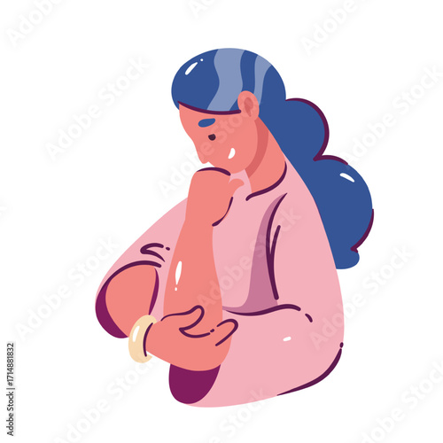 Pensive woman with long hair in ponytail, looking down and resting her chin on her hand. Cartoon doodle vector illustration of lady in pink shirt for websites, education, or creative projects.
