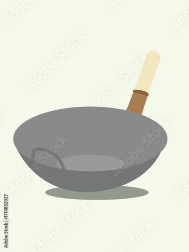 Illustration of a gray wok with a light brown wooden handle, resting on a light background.