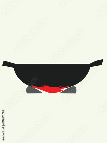 Illustration of a black wok on a stove burner with red flames, against a light background.