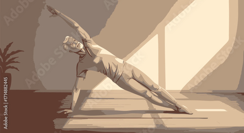 A person in a side plank position on a yoga mat, bathed in sunlight