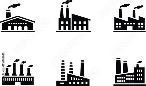 Industrial factory silhouette icons, black smokestack buildings, pollution concept, manufacturing infrastructure, urban industry, vector design, environmental impact, isolated elements