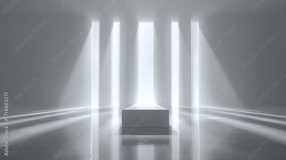 Obraz premium Minimalist gray platform is bathed in ethereal bright light.