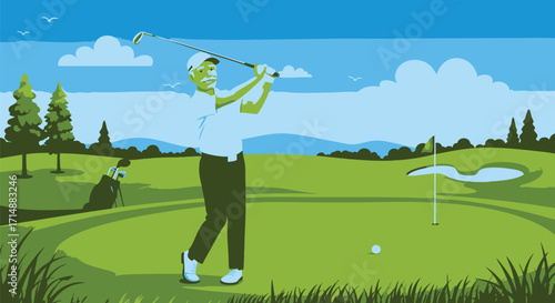 Golfer Swinging on the Green A Vibrant Illustration of a Day on the Golf Course