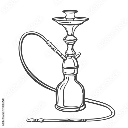 Classic hookah pipe with hose and ornate base in clean black outline, inspired by Turkish smoking culture. Elegant doodle style for travel or food design. Vector illustration.