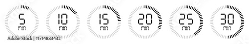 Digital countdown timer icons set, circular minute clock progress indicators from 5 to 30 minutes. 5, 10, 15, 25, 30 minutes. Timer, clock, stopwatch isolated vector illustration.