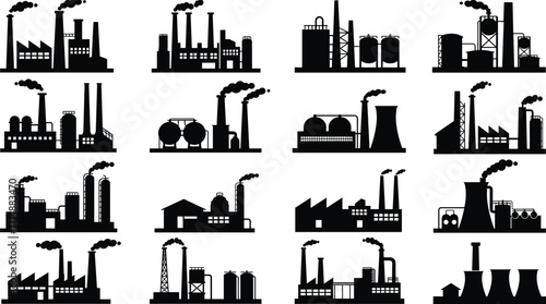 Industrial factory silhouettes, black vector icons, manufacturing plant illustration, smokestack and refinery graphics, power station clipart, minimal infrastructure design set