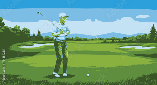 A Senior Golfer's Graceful Swing on a Serene Golf Course