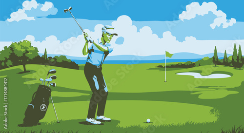 Dynamic vector illustration captures a male golfer's powerful swing on a lush green course under a bright sky, emphasizing motion and the classic sport
