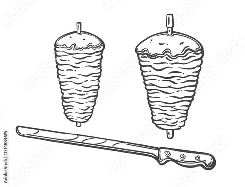 Two doner kebab skewers with layers of meat and a long slicing knife. Hand drawn in black line. Vector illustration for menu design, food packaging, or ethnic cuisine branding.