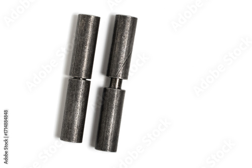 Pair of metal door hinges, an object on white.