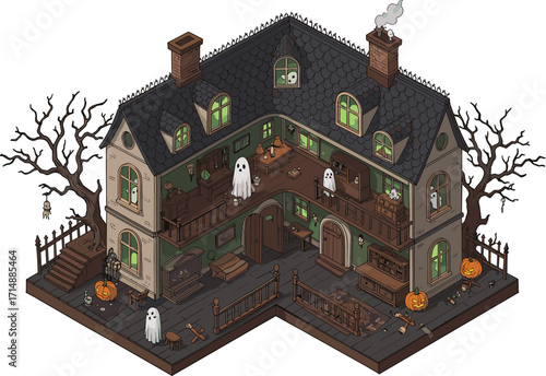 Spooky haunted house illustration with ghosts, pumpkins, dark trees, and creepy rooms, detailed Halloween isometric artwork perfect for festive decoration or game design
