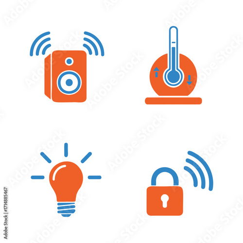 Four icons representing smart home devices, including a speaker, a thermostat, a lightbulb, and a lock.