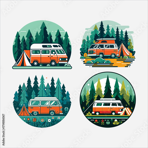 Camper Van and Tent in Forest – Adventure Camping Vector Illustration