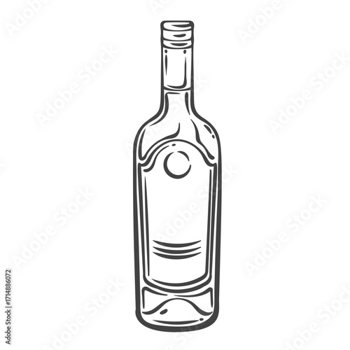 Classic wine bottle with long neck and blank label, drawn in vintage engraving style. Outline vector illustration for menu design, wine packaging, bar decor, or vineyard branding.