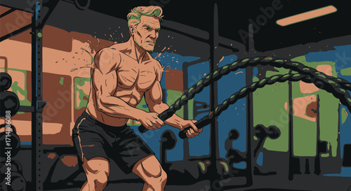 Powerful Fitness Man's Intense Battle Rope Workout