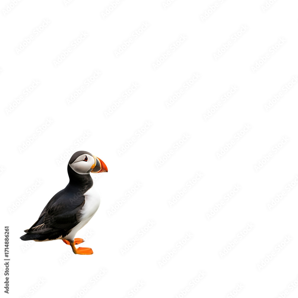 Fototapeta premium Atlantic puffin perched on a dark background with a black backdrop