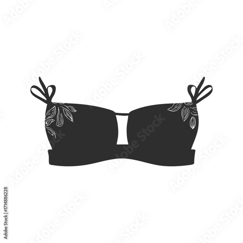 Black Bra With Floral Design Silhouette Illustration. Elegant Lingerie Fashion Concept Isolated Vector Illustration