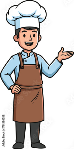Cartoon chef character, white hat, brown apron, blue shirt, culinary presentation, smiling cook, kitchen staff, food service, restaurant, illustration