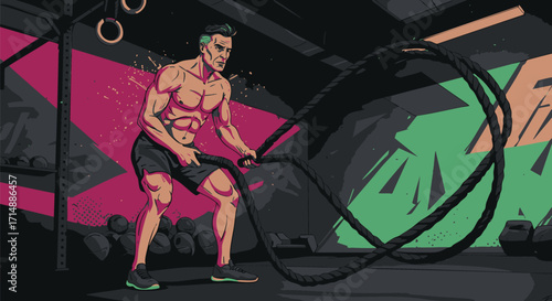 Intense Workout Man Exercising with Battle Ropes in Gym Setting