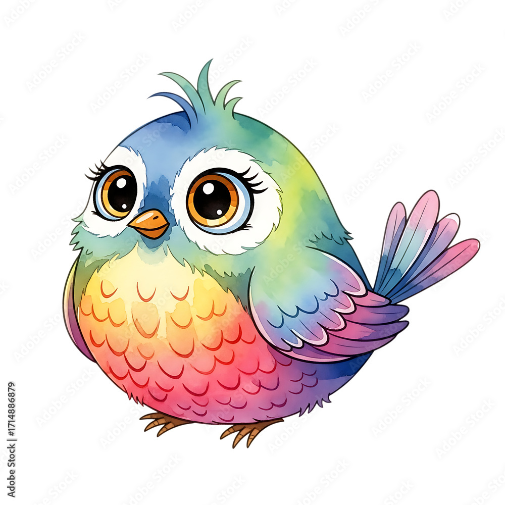 Fototapeta premium Adorable fluffy watercolor bird with big eyes and rainbow colors