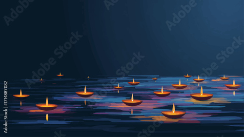 Floating diya lamps glowing on sacred river water during Kartik Purnima night celebration background.