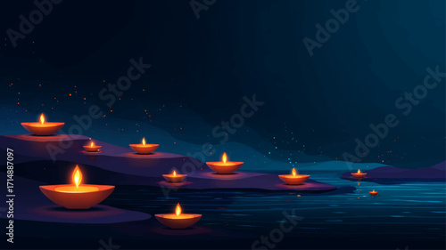 Floating diya lamps glowing on sacred river water during Kartik Purnima night celebration background.