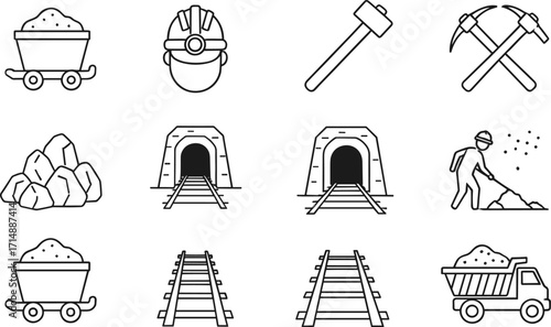 Mining icon set, black line industry symbols, ore cart helmet pickaxe shovel rail tracks, excavation tools vector, underground graphic pack