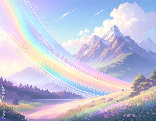 Pastel rainbow over a mountain landscape