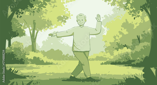 Man practicing tai chi in a serene park setting with lush green trees and dappled sunlight creating a peaceful atmosphere