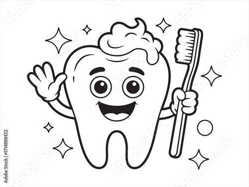 Cartoon tooth mascot holding toothbrush, line art black and white drawing for children’s dental health education